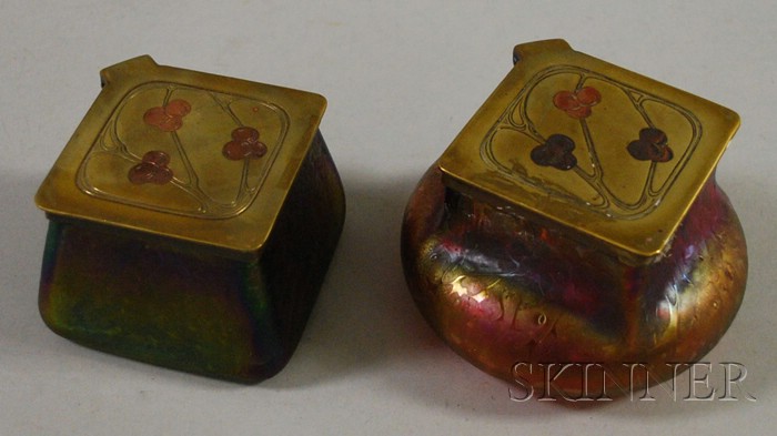 Appraisal: Two Bohemian Arts Crafts Brass-mounted Iridescent Art Glass Inkwells