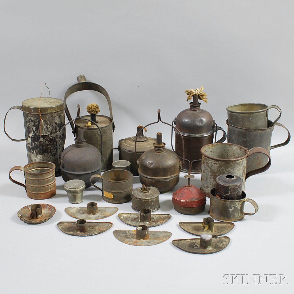 Appraisal: Collection of Tin Cups Candleholders Oil Lamps and Lanterns primarily