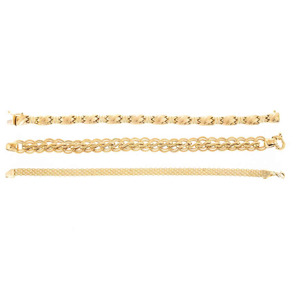 Appraisal: A Trio of K Yellow Gold Link Bracelets K yellow