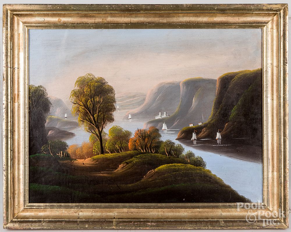 Appraisal: Hudson River oil on canvas landscape th c Hudson River