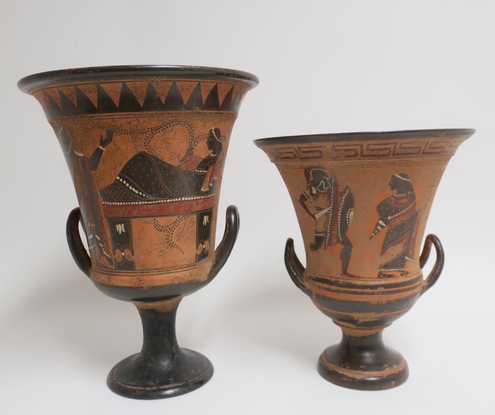 Appraisal: Etruscan Style Pottery kraters Reproductions figures and half humans Larger