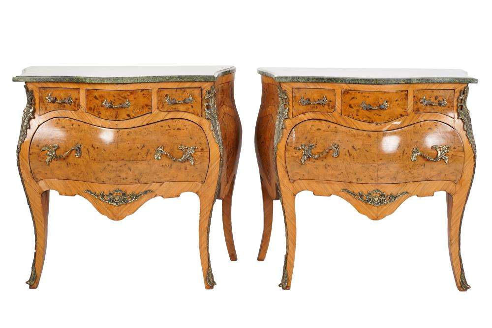 Appraisal: PAIR OF MARBLE-TOP PARQUETRY BOMBE COMMODES th century with gilt-bronze