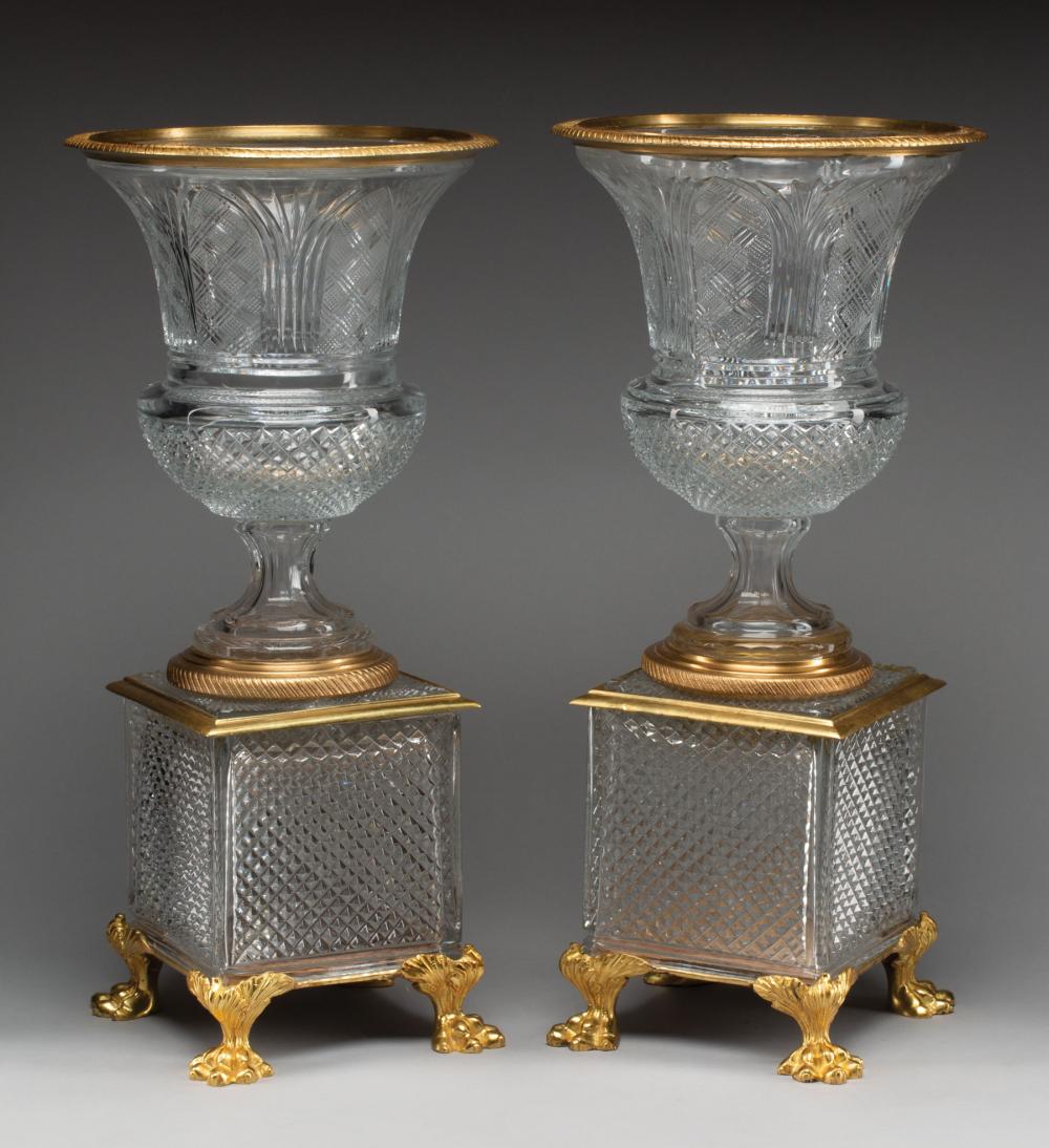 Appraisal: Pair of Gilt Bronze-Mounted Cut Glass Urns on Stands campagna-form