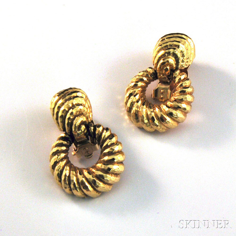 Appraisal: kt Gold Hammered Door Knocker Earclips dwt lg in later