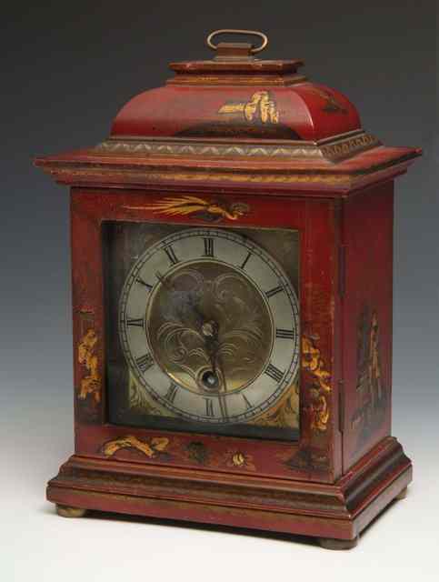 Appraisal: AN TH CENTURY STYLE RED JAPANNED MANTEL TIMEPIECE the case