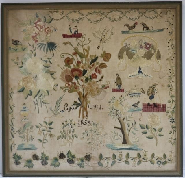 Appraisal: FRAMED AND GLAZED NEEDLEWORK SAMPLER CA HAND EMBROIDERY DEPICTS MANY