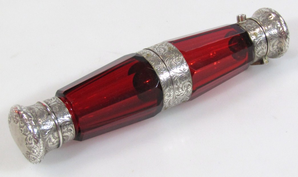 Appraisal: A Victorian cranberry glass double ended perfume bottle by Samuel