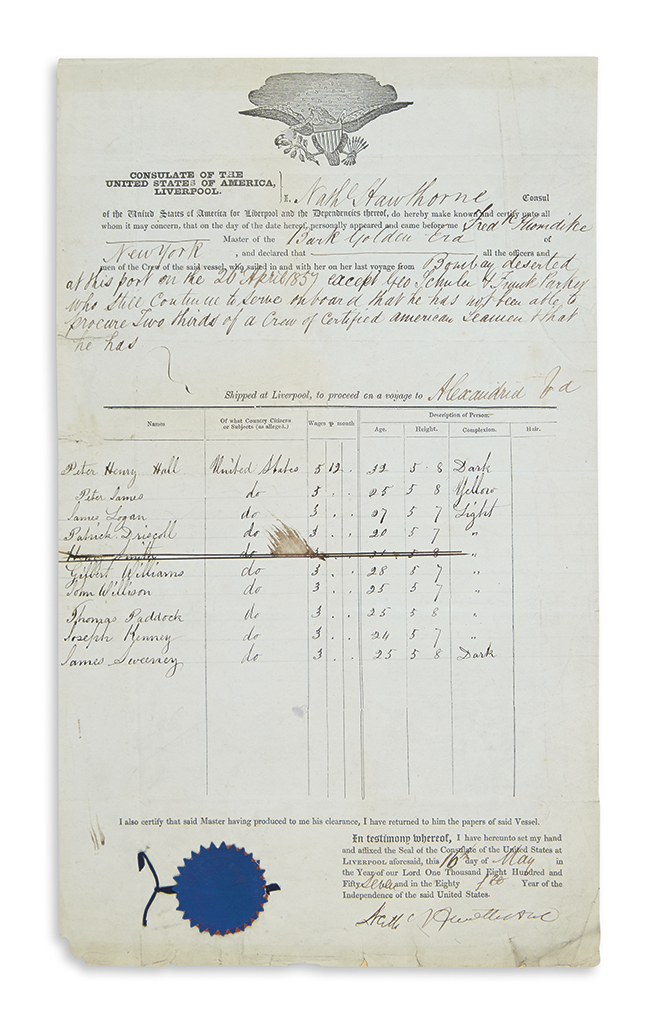 Appraisal: HAWTHORNE NATHANIEL Partly-printed Document Signed Nath'l Hawthorne as U S