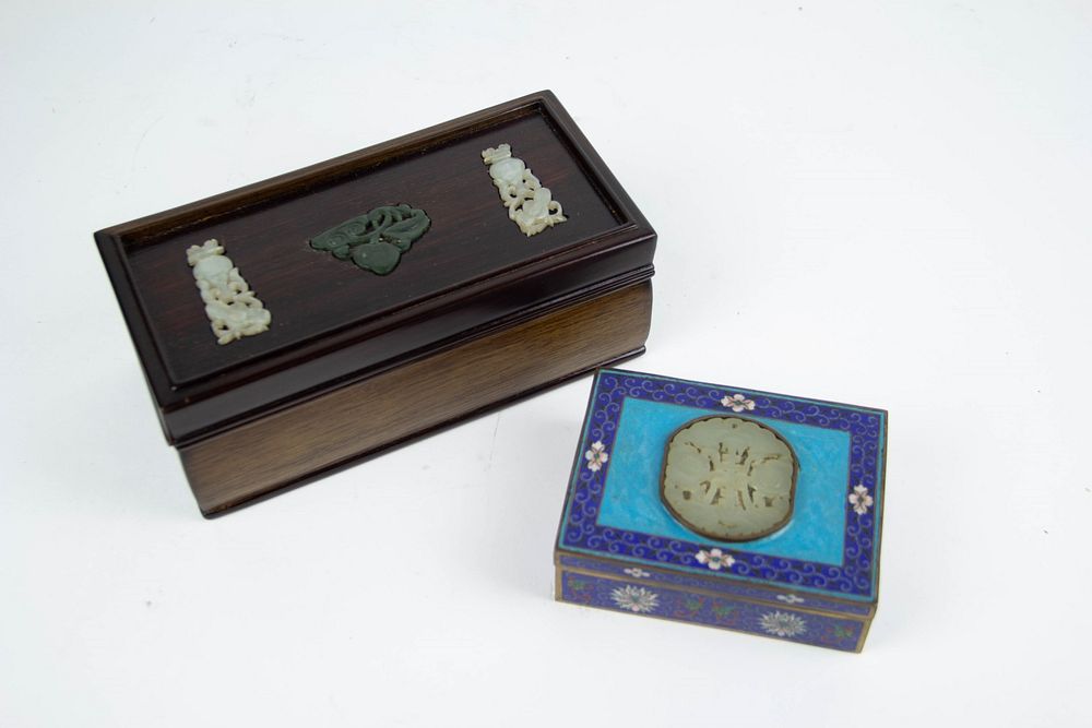 Appraisal: Two Jade Inset Boxes Chinese th Century One wooden box