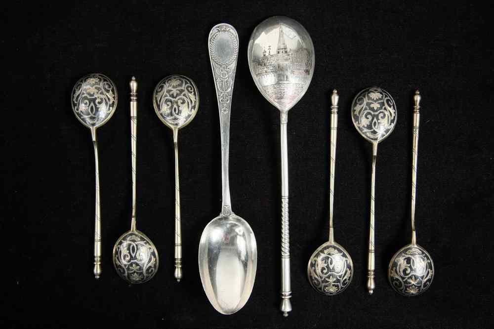 Appraisal: PC RUSSIAN SILVER SPOONS - Including Serving Spoon Niello engraved