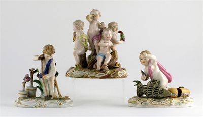 Appraisal: Three Meissen groups of putti one kneeling beside a fishing