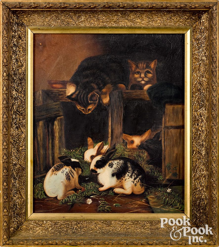 Appraisal: American oil on canvas of cats and rabbits American oil