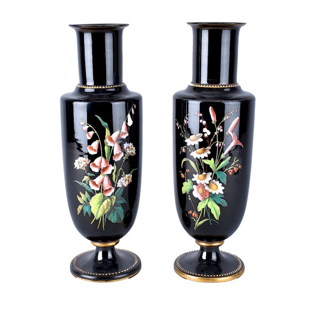 Appraisal: Pair Black Opaline Vases Pair Vintage Black Opaline Enameled Vases