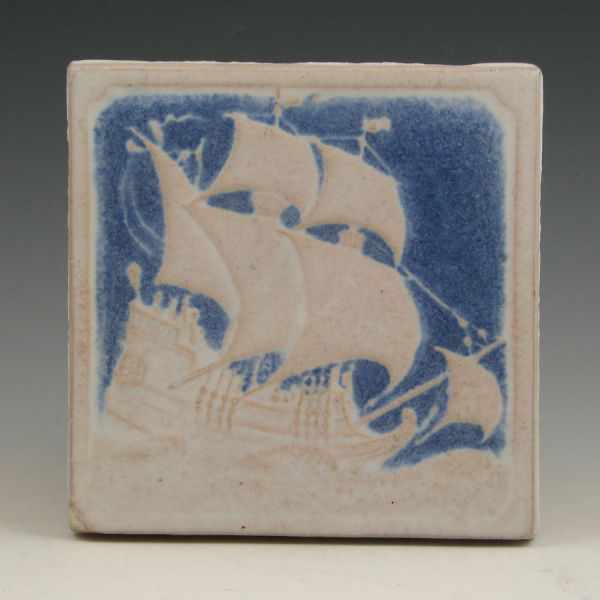 Appraisal: Marblehead ship tile in matte blue and white Marked with