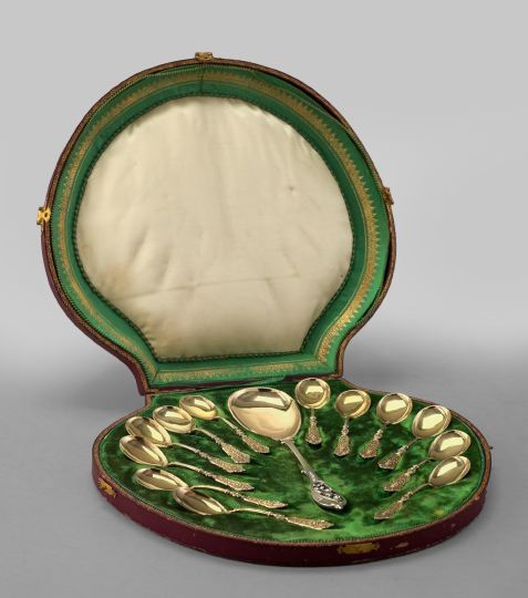 Appraisal: Good Thirteen-Piece German Cased -Standard Silver and Silver-Gilt Dessert Service