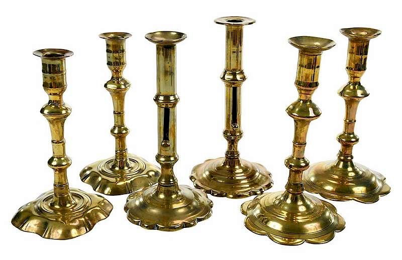 Appraisal: Three Pairs English Brass Candlesticks probably th century near pair