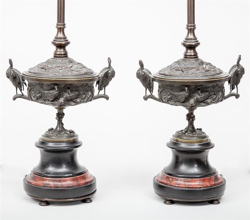 Appraisal: Pair of Renaissance Style Marble-Mounted Bronze Urns Mounted as Lamps