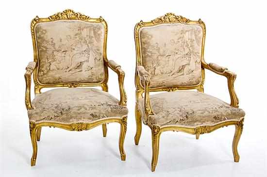 Appraisal: Pair Louis XV style carved giltwood and tapestry fauteuil late