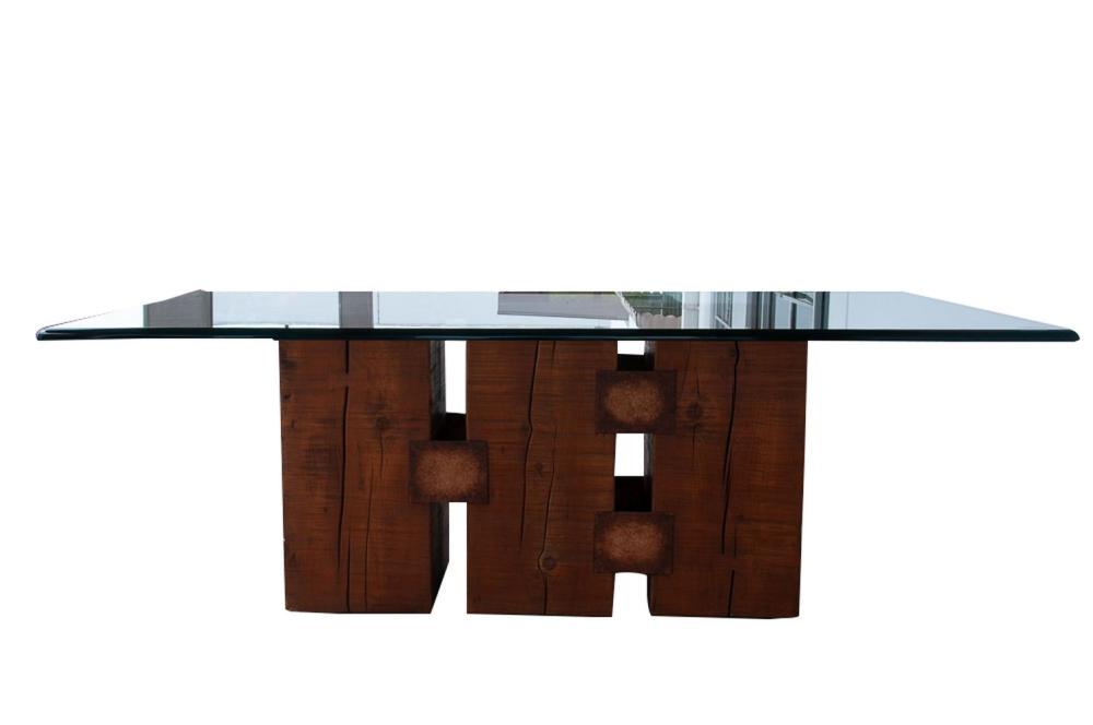 Appraisal: DIRECTIONAL STYLE WOOD IRON BASE GLASS TOP TABLEthe beveled glass