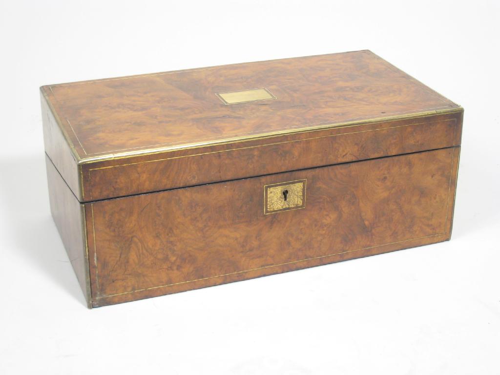 Appraisal: A th Century burr walnut Writing Box with brass stringing