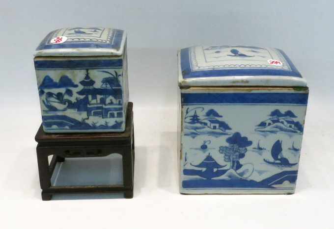 Appraisal: TWO CHINESE CANTON PORCELAIN SQUARE CANISTERS the smallest with a