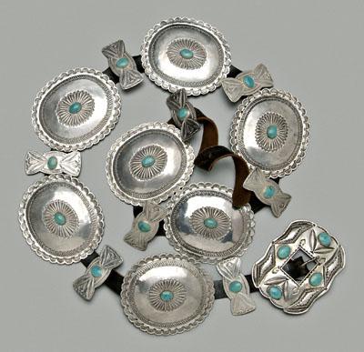 Appraisal: Large turquoise concha belt seven domed silver conchas - x