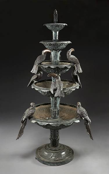 Appraisal: An interesting patinated bronze five tier fountain The pineapple finial