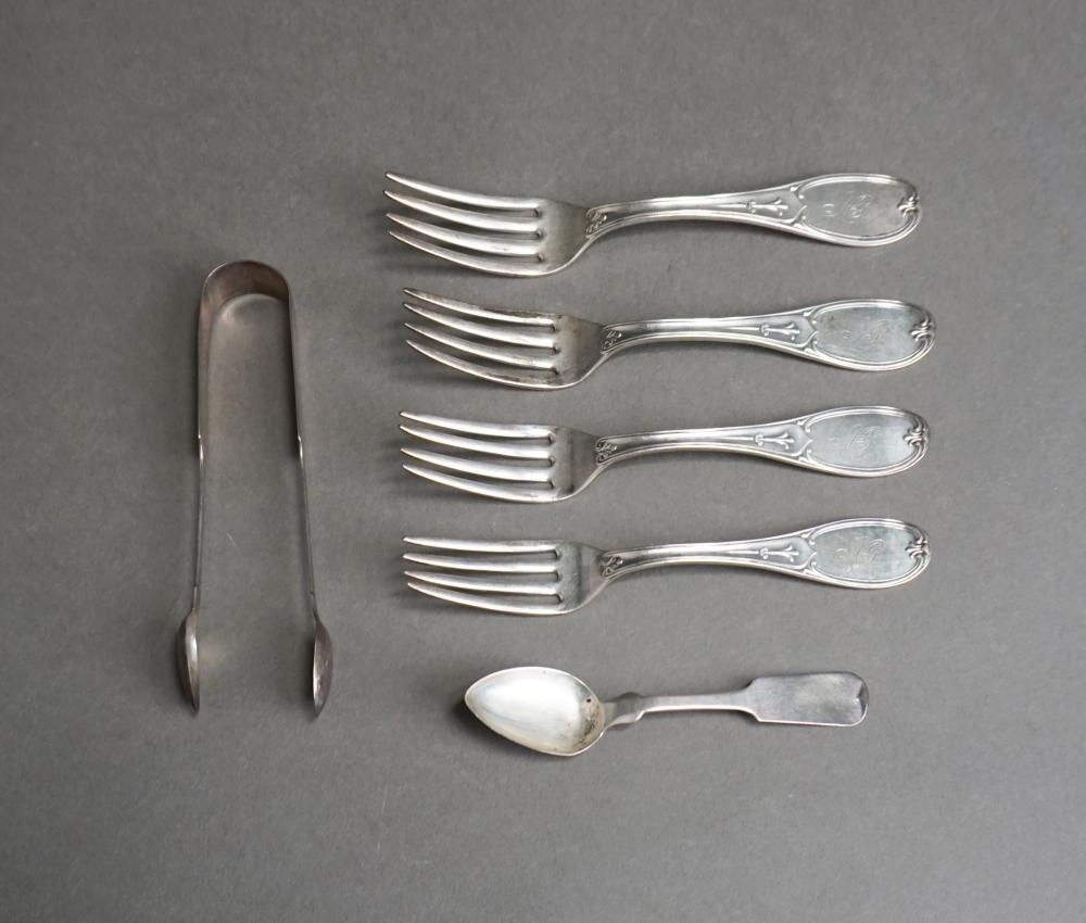 Appraisal: FOUR AMERICAN COIN SILVER FORKS A SPOON AND A PAIR