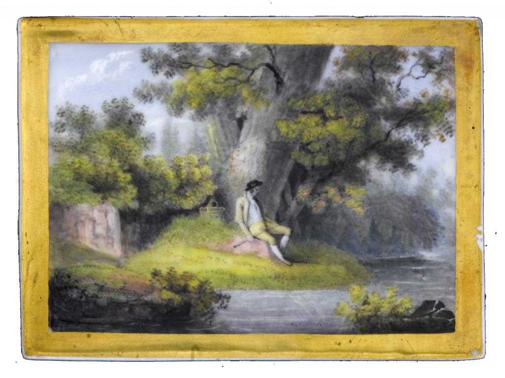 Appraisal: A PLAQUE painted with an angler seated on a river