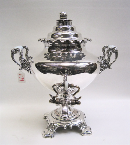 Appraisal: TH C SHEFFIELD SILVER PLATED TEA URN with white glass