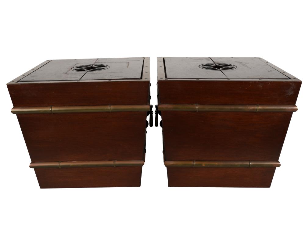 Appraisal: PAIR OF BRASS-BOUND WOOD PLANTERSwith metal liners Provenance The Estate