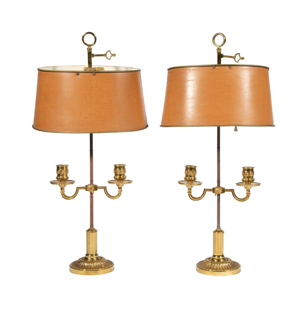 Appraisal: Pair of French Brass Two-Light Bouillotte Lamps c tole peinte