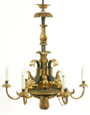 Appraisal: A continental giltwood gesso and green painted six light electrolier