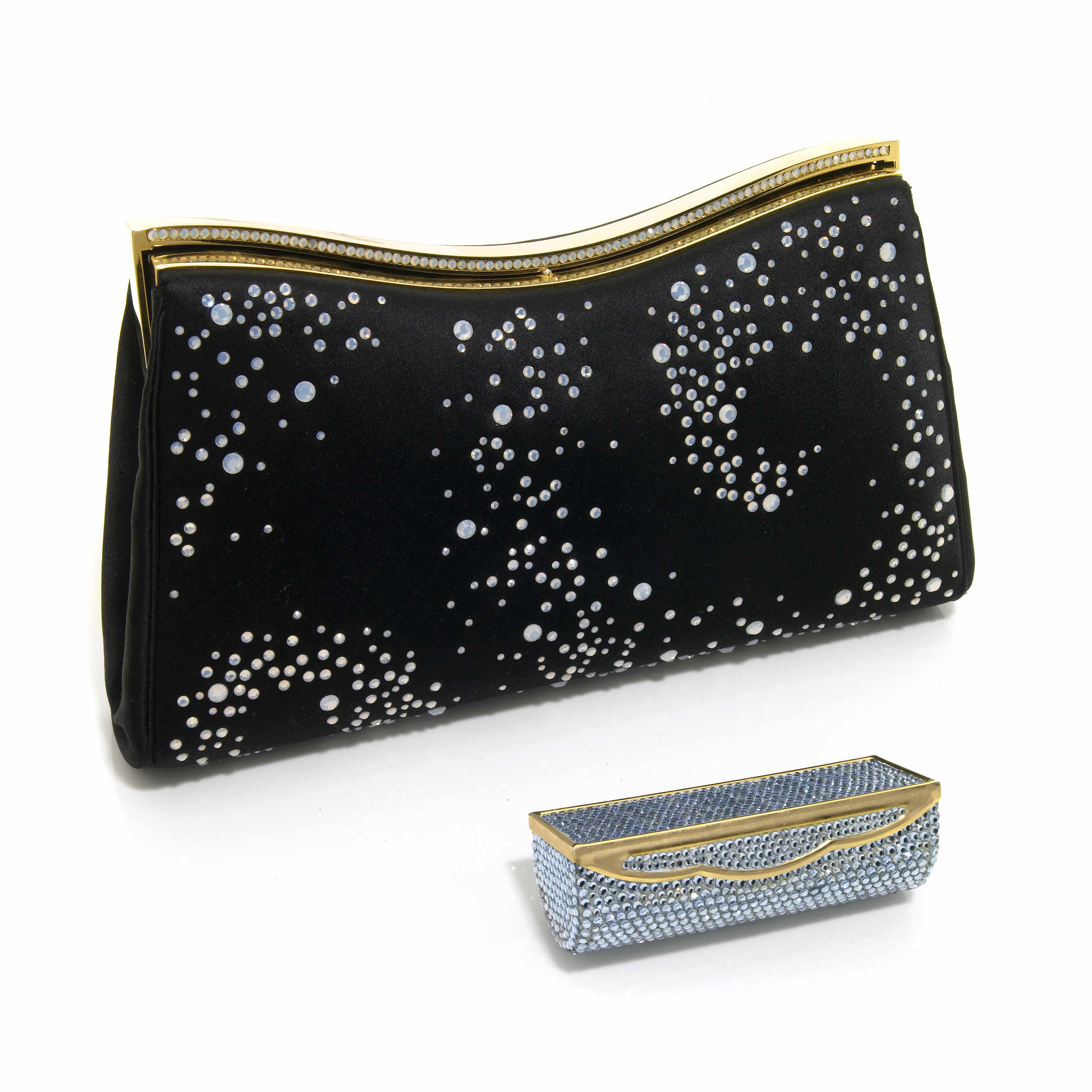 Appraisal: A black satin and iridescent crystal purse together with a