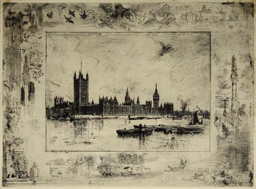 Appraisal: F LIX BUHOT Westminster Palace Etching and drypoint on tan