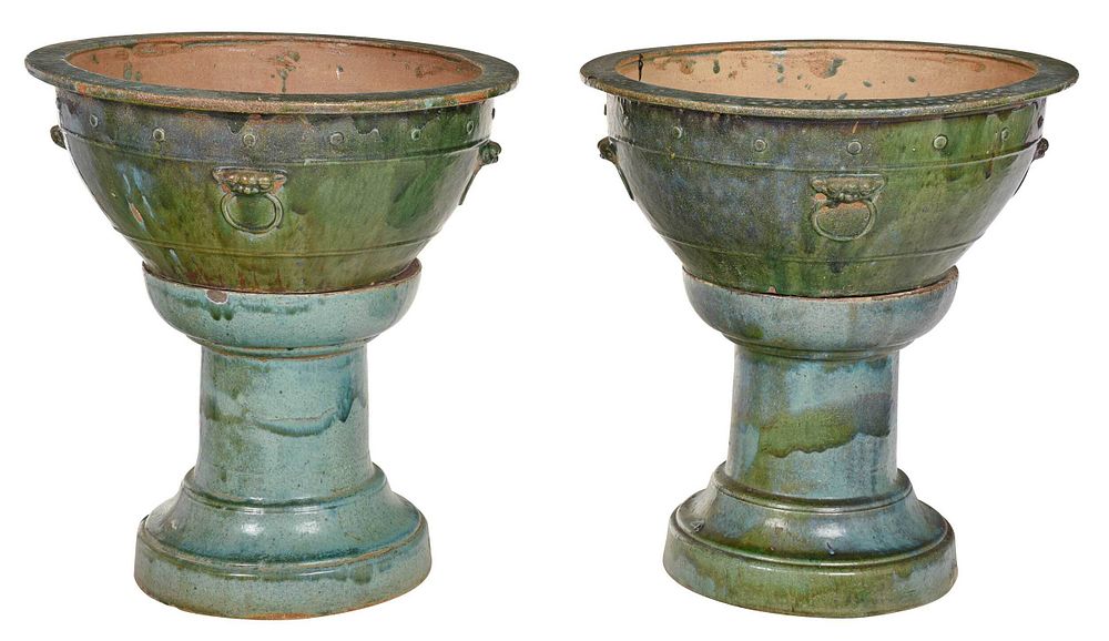 Appraisal: Pair Large Glazed Ceramic Planters on Stands Chinese th century