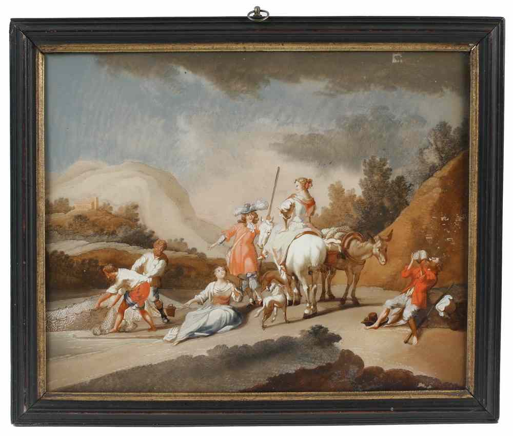 Appraisal: REVERSE GLASS PAINTING - Woman on Horseback Converses with Cavalier