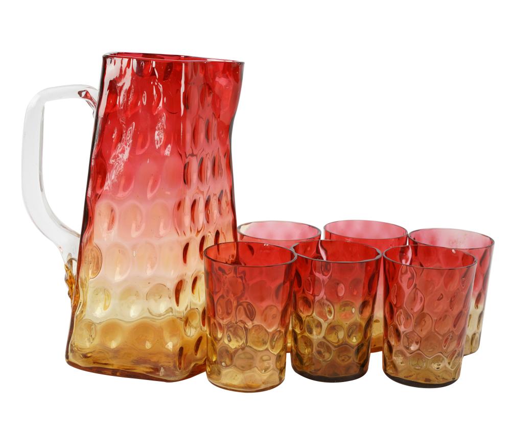 Appraisal: SEVEN-PIECE AMBERINA GLASS DRINK SETcomprising a pitcher inches high and