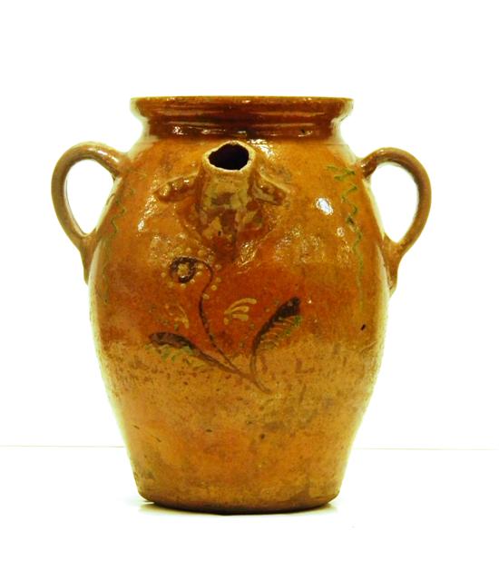 Appraisal: Redware double handle batter pail green brown and tan accents