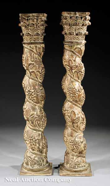 Appraisal: A Pair of Antique Italian Baroque Carved and Paint-Decorated Columns