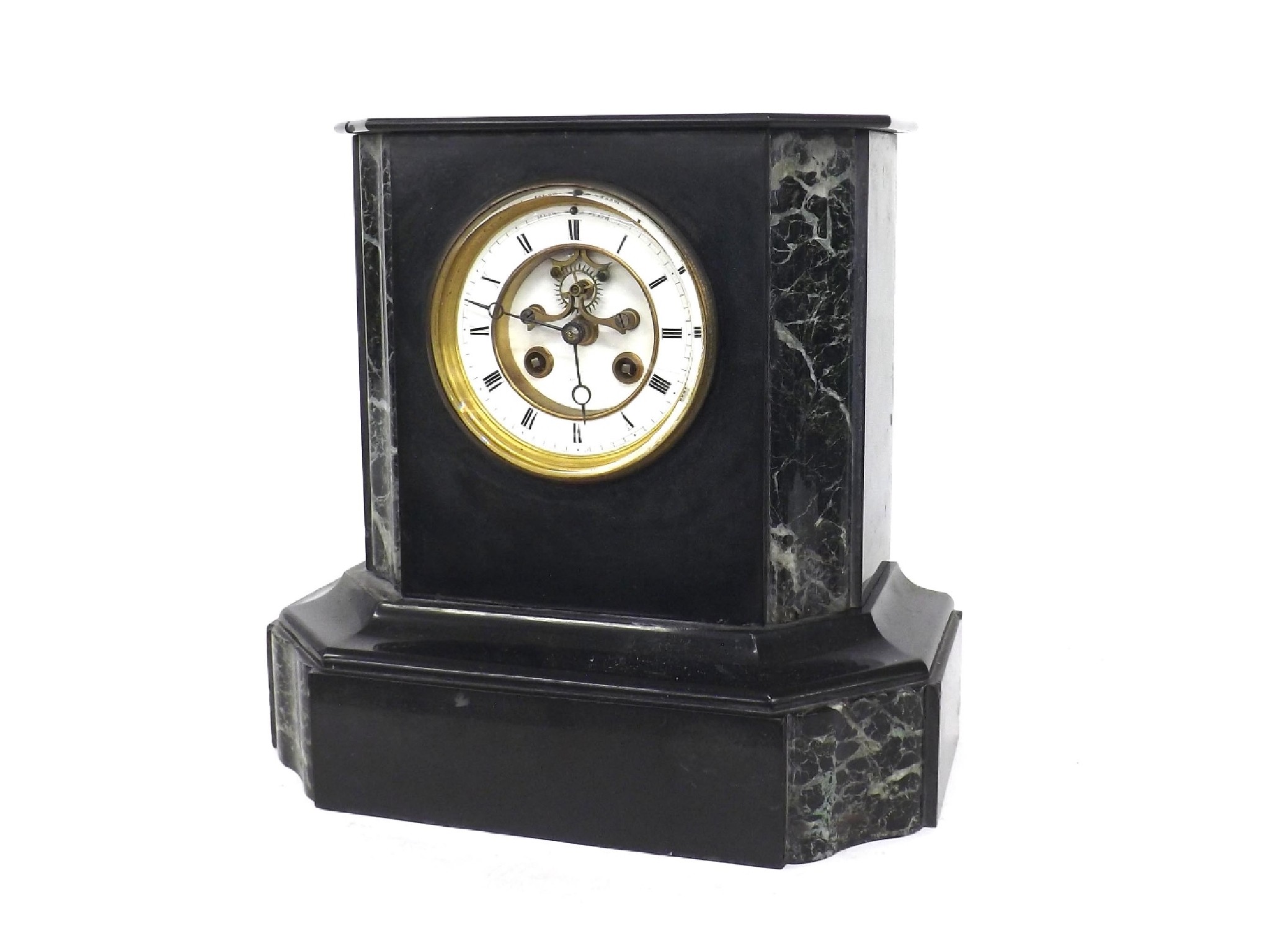 Appraisal: French black slate and green marble two train mantel clock