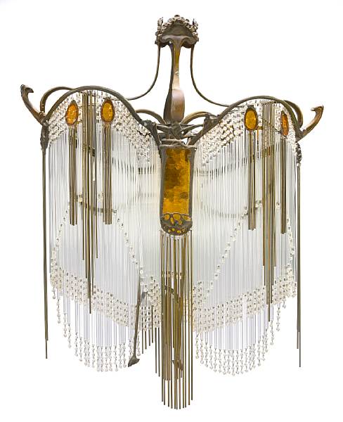 Appraisal: An Art Nouveau style bronze and glass rod chandelier after