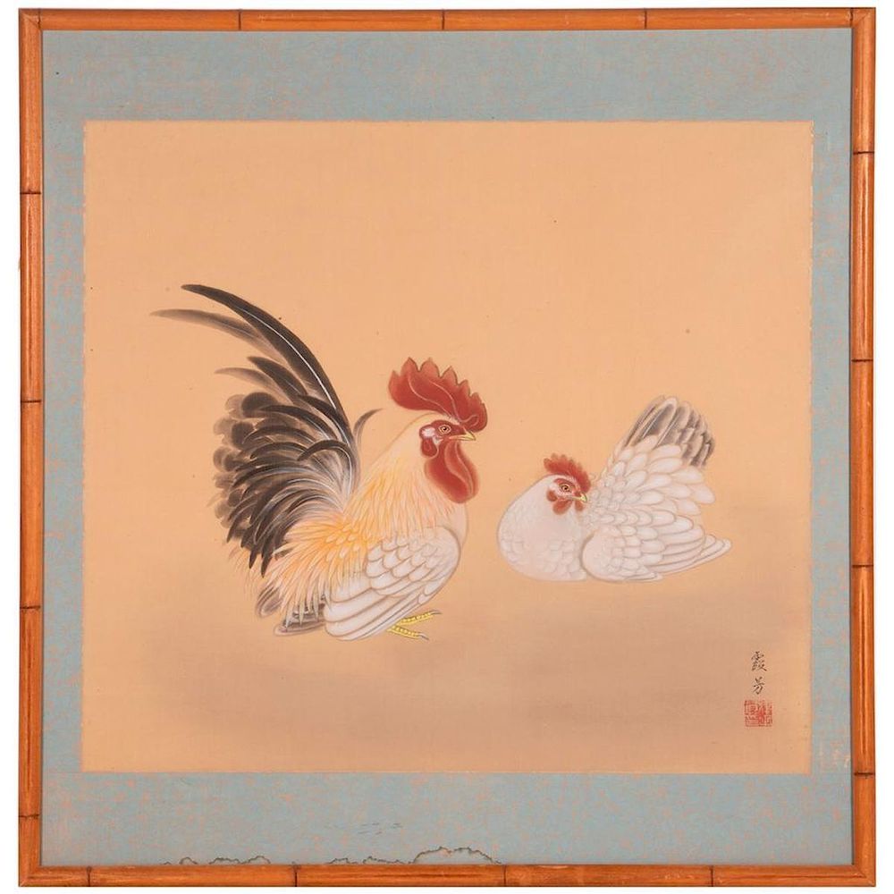 Appraisal: A th century Chinese watercolor of a rooster and hen