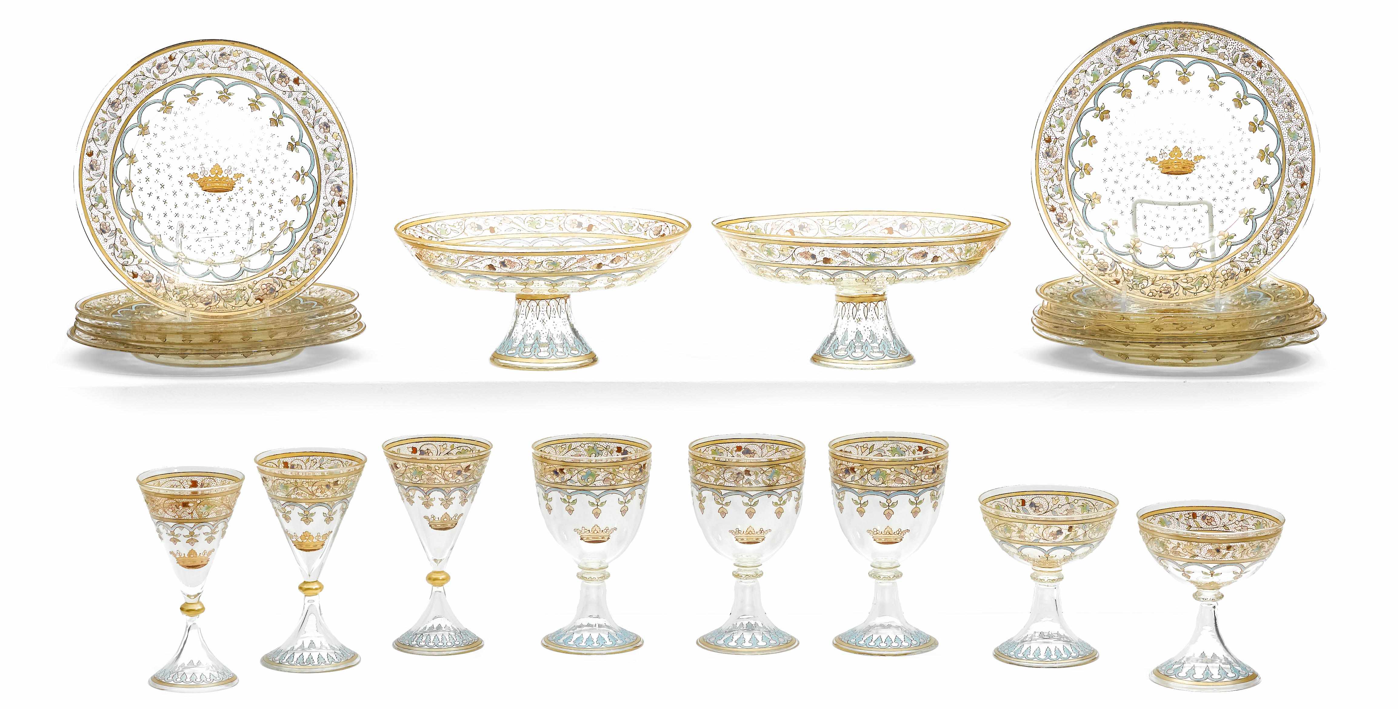 Appraisal: A suite of French enamel decorated glass tableware J D