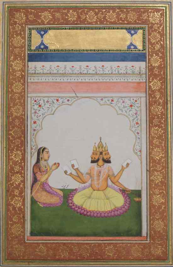 Appraisal: Indian School gouache Deity and attendant with gilt foliate border