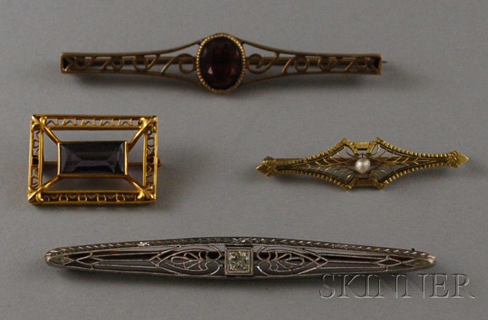 Appraisal: Four Gold Art Deco and Antique Bar Pins a platinum