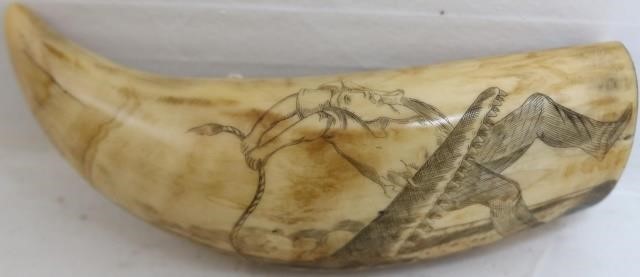 Appraisal: TH CENTURY SCRIMSHAW WHALE'S TOOTH DEPICTING MRTULLE TAKEN BY A