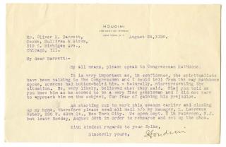 Appraisal: Houdini Harry Typed Letter Signed Houdini to a Chicago Lawyer