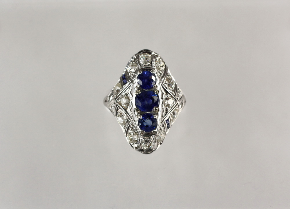 Appraisal: LADY'S RING - Edwardian Platinum Sapphire and Diamond Dinner Ring