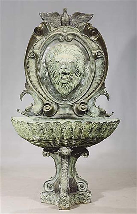 Appraisal: Lion's-head bronze garden fountain shield-shape back with eagle pediment centering